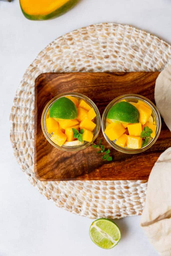 Overview of mango, banana, lime-topped chia puddings