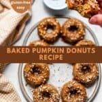 Baked pumpkin donuts on a grey platter with one being held with a bite out of it, with text indicating it's a recipe that's vegan, gluten-free, oil-free, refined sugar-free, and easy.