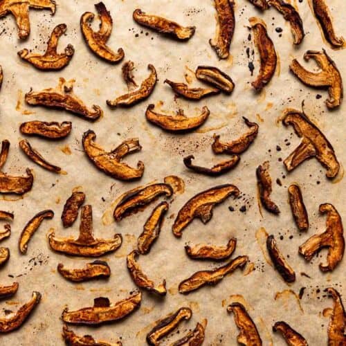 Shiitake bacon on parchment, fresh out of the oven.