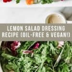 Two images of lemon salad dressing next to and in a salad.