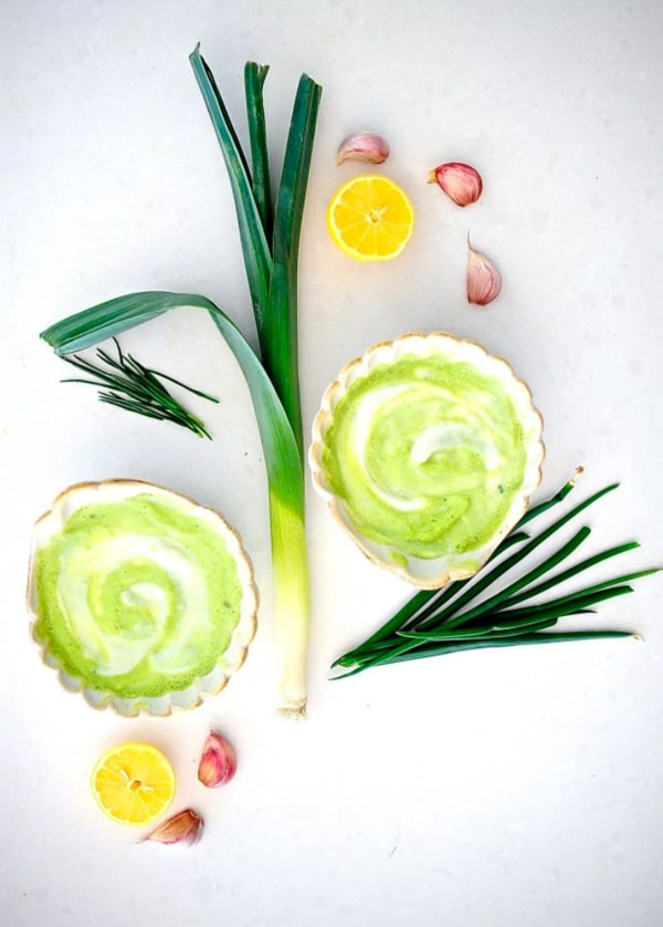 Bright green zucchini leek soup