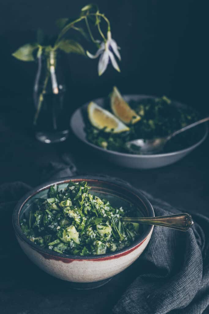 green tabouleh in a bowl