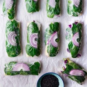 Several green and purple summer rolls in rows on parchment, with dipping sauce next to one with a bite out of it.