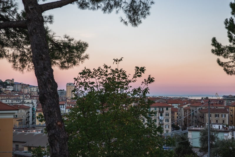 A view of the waterfront town, La Spezia, at sunset.