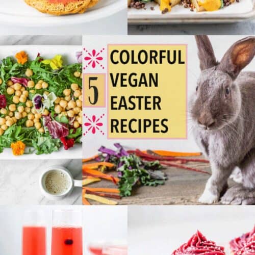 A collage of five vegan recipes that can be made for Easter, with an image of a grey rabbit.