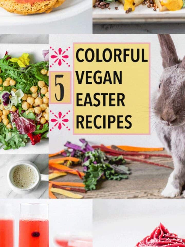 A collage of five vegan recipes that can be made for Easter, with an image of a grey rabbit.