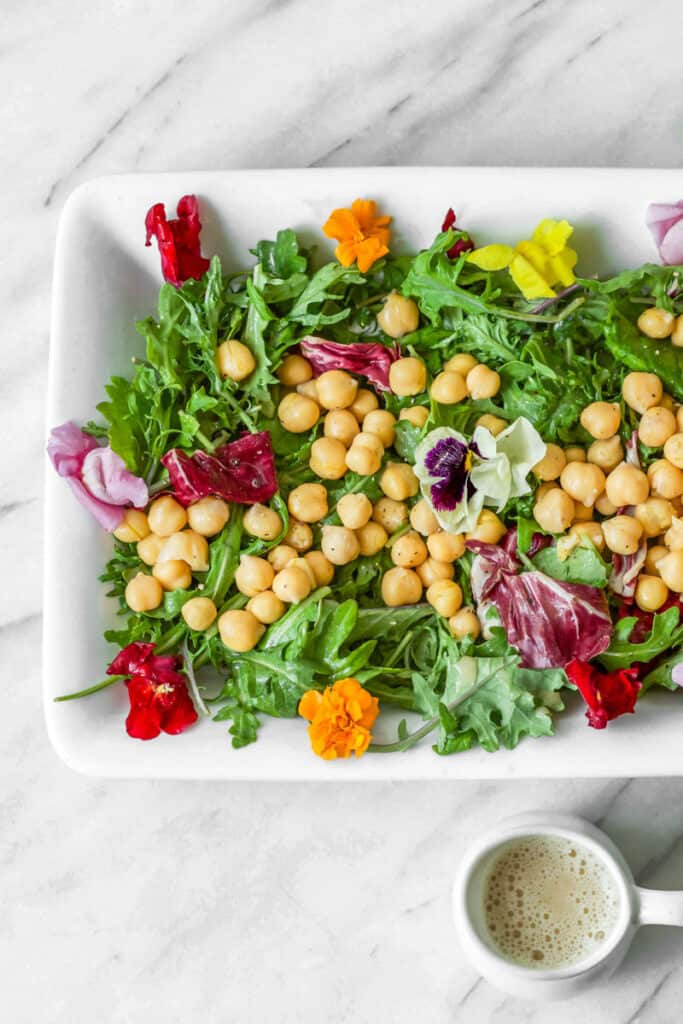 Spring Salad with edible flowers and chickpeas