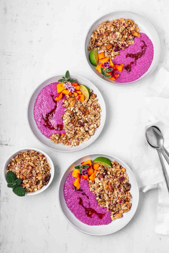 A small bowl of tropical granola next to three large bowls filled with chia pudding, granola, and mango.