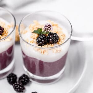 A pretty serving of blackberry chia pudding with coconut yogurt, granola, and fresh berries on top.