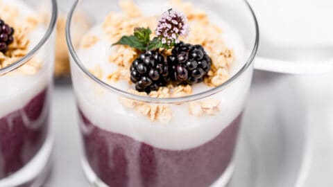 A pretty serving of blackberry chia pudding with coconut yogurt, granola, and fresh berries on top.