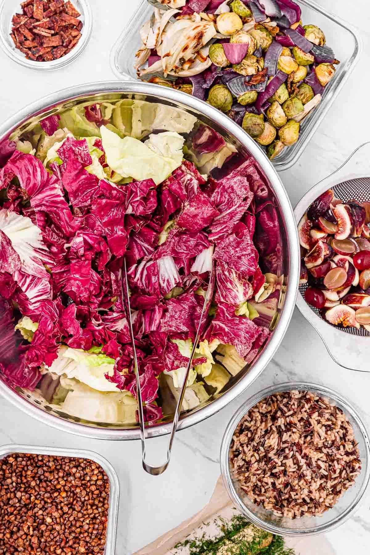 Vegan radicchio harvest salad ingredients, including rice, figs, grapes, lentils, vegan bacon, brussels sprouts.