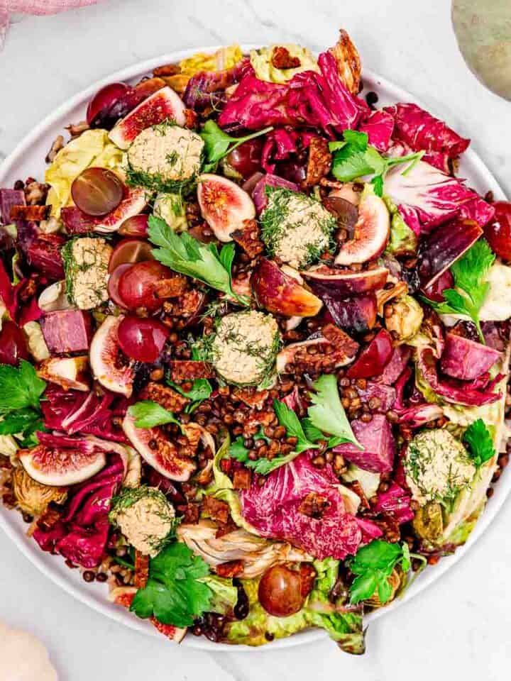 An overhead view of colorful Vegan Harvest Salad with Pecan Dressing.