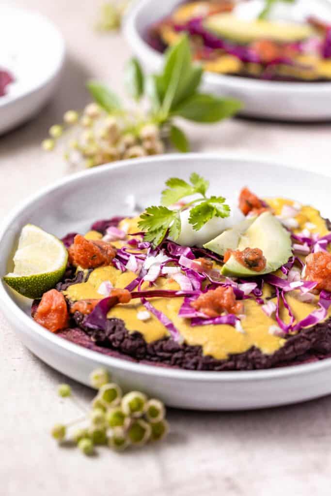 refried beans, vegan cheese, salsa, purple cabbage, lime, avocado, vegan sour cream and cilantro over a purple flatbread