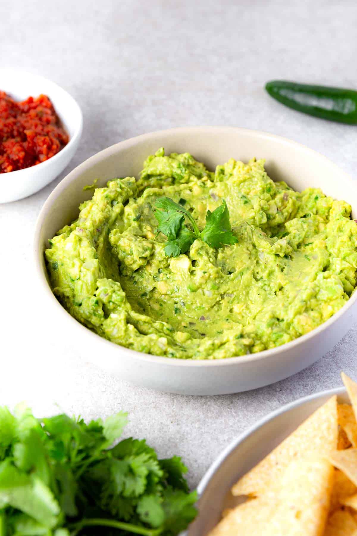 A bowl of guacamole surrounded by salsa and guac ingredients.