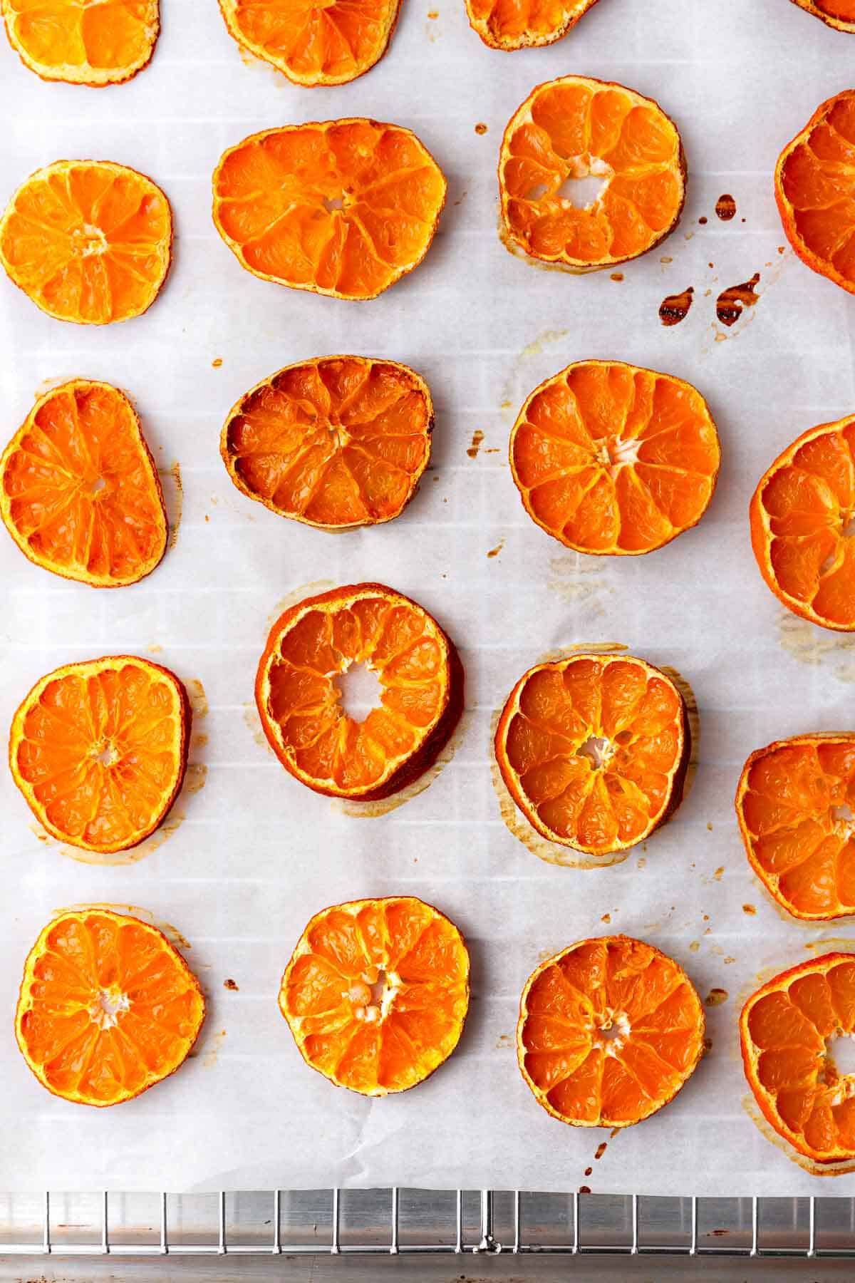 A tray of dried satsuma slices fresh out of the oven.