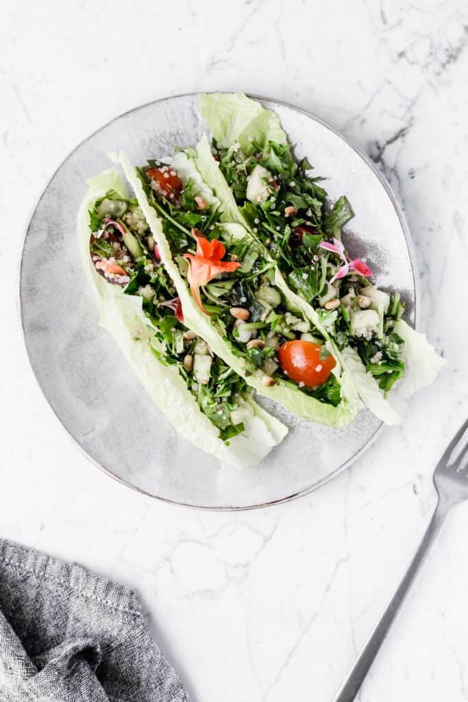 Quinoa Tabbouleh Salad makes a great stuffing in lettuce wraps.