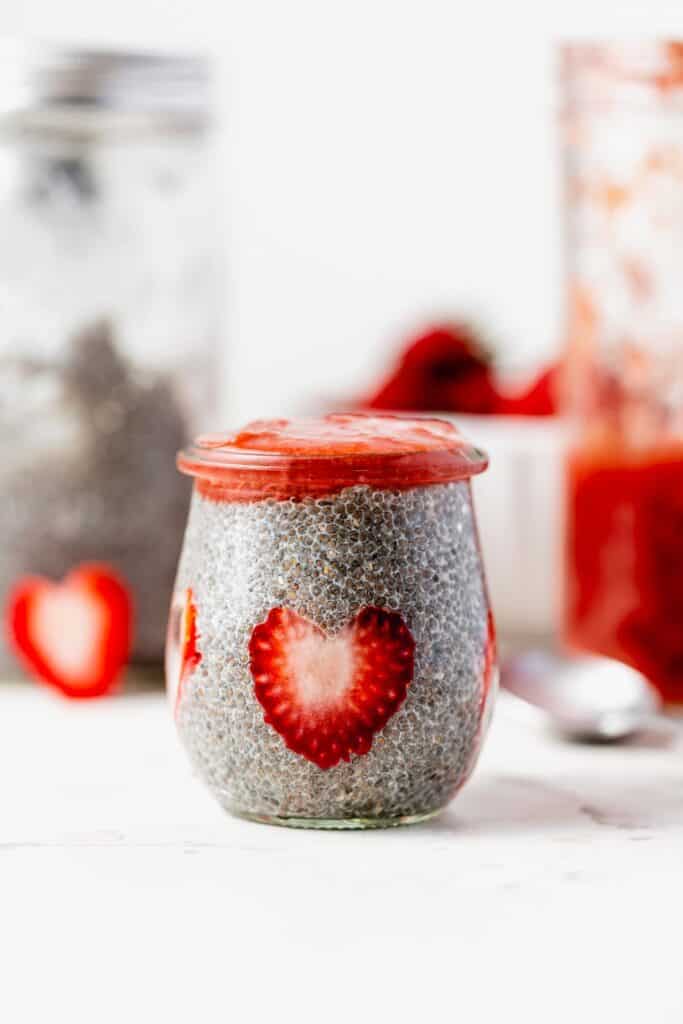 chia pudding topped with strawberry rhubarb compote