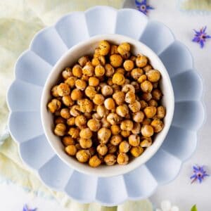 Crispy chickpeas on a periwinkle dish