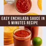 easy enchilada sauce recipe pinterest graphic showing side and top view of sauce jar
