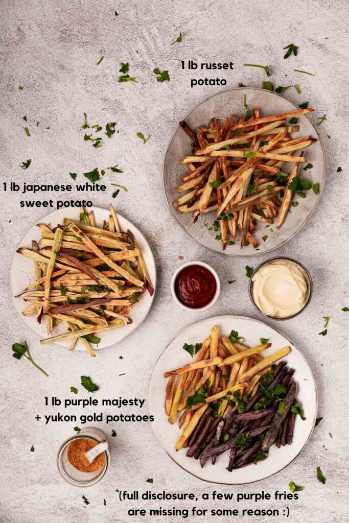 Three plates of homemade french fries made with various potatoes