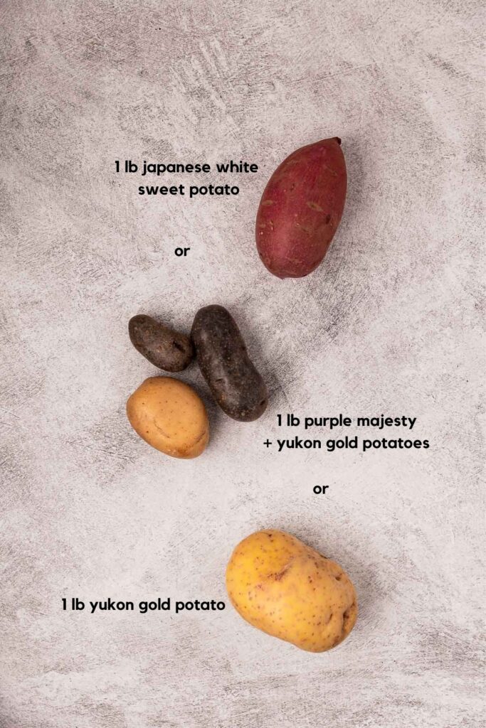 Three examples of one pound of various potatoes.