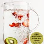 A glass pitcher filled with water and strawberry and kiwi slices with the title Strawberry Kiwi Flavored Water Recipe.