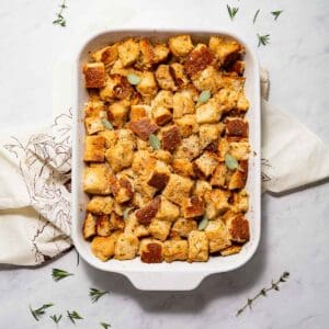 Simple crispy baked sourdough stuffing with fresh herbs.