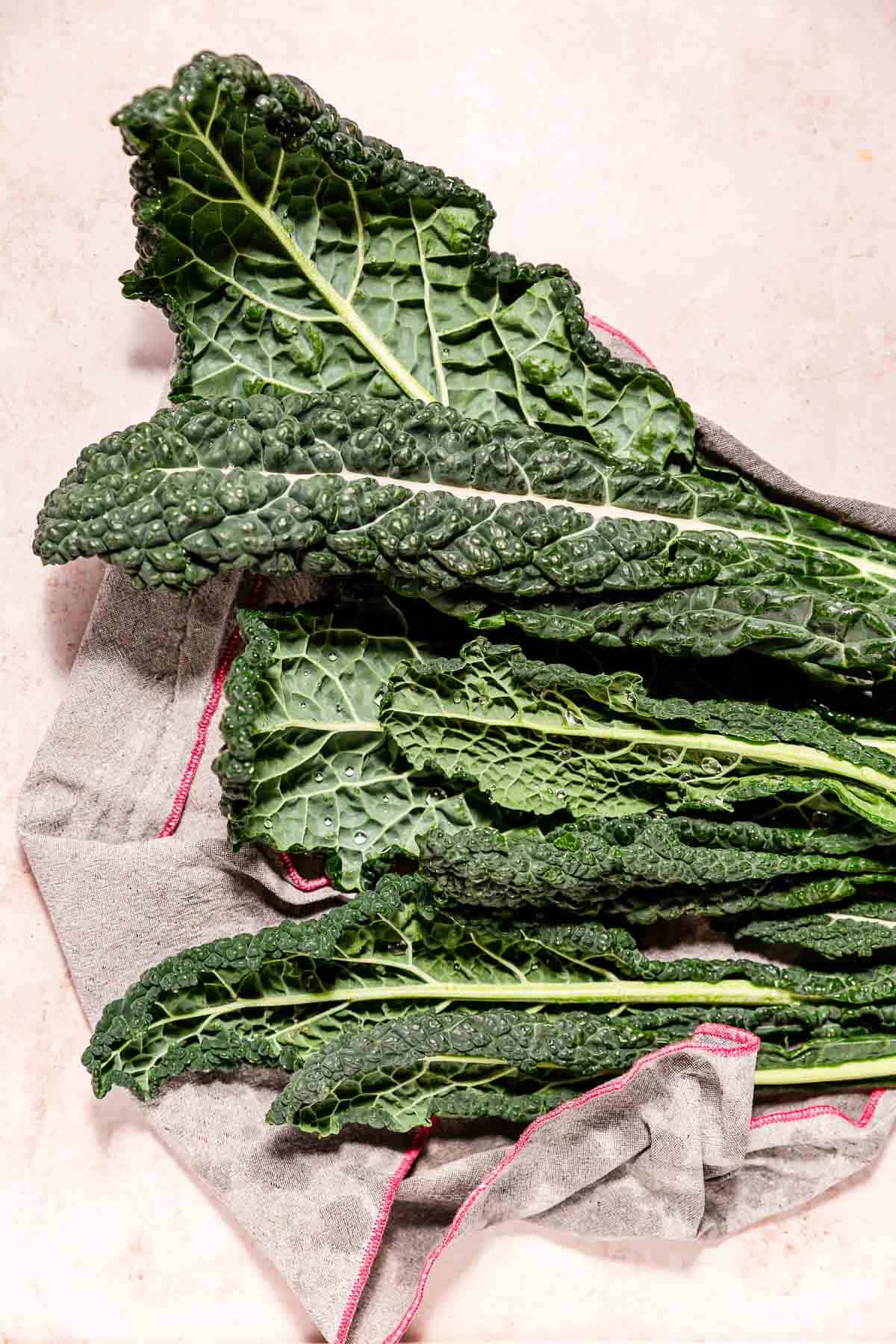 dinosaur kale wrapped in a towel to dry after washing.