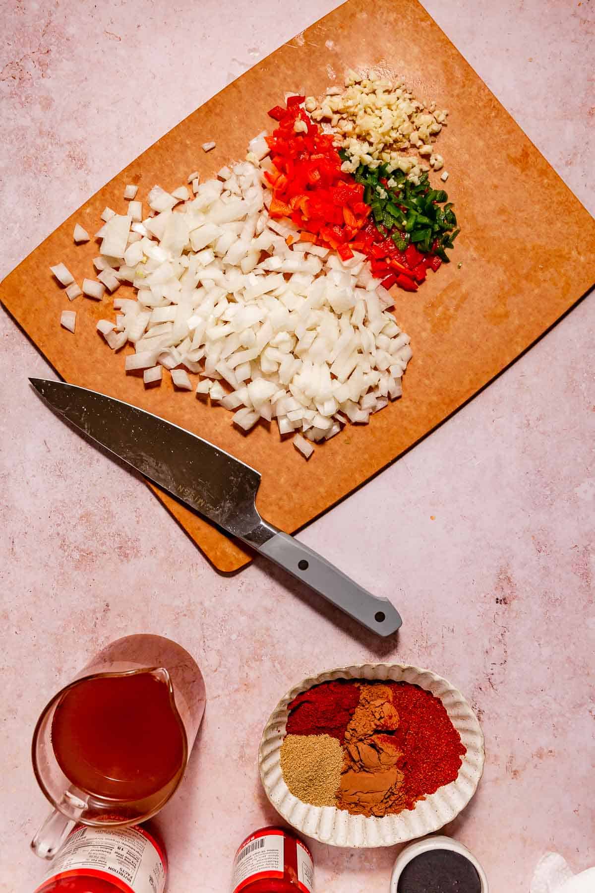 Chopped onion, peppers, and garlic for making Instant Pot vegan chili.