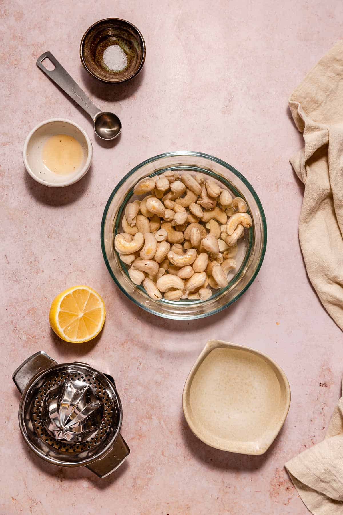Ingredients for making vegan sour cream, including cashews.