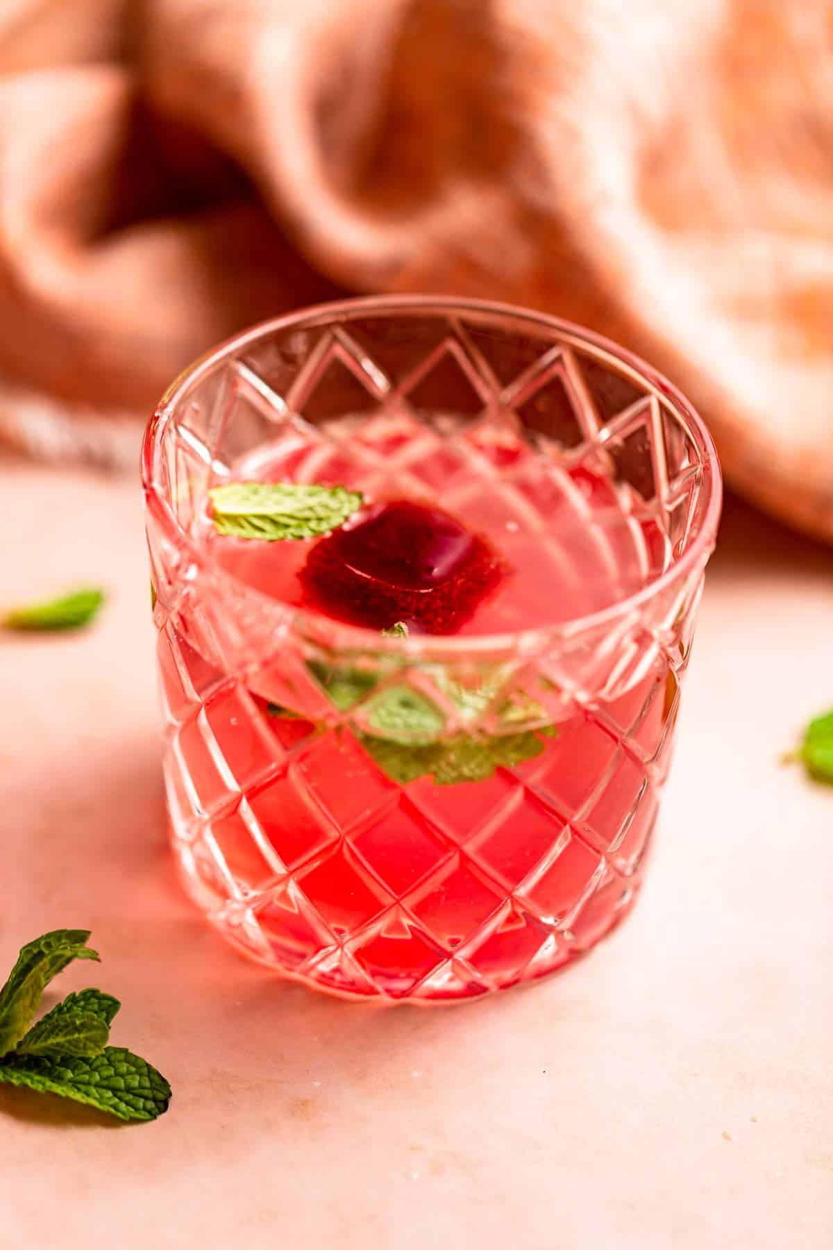 A cocktail glass filled with pink-orange water, a blood orange ice cube, and mint leaves.