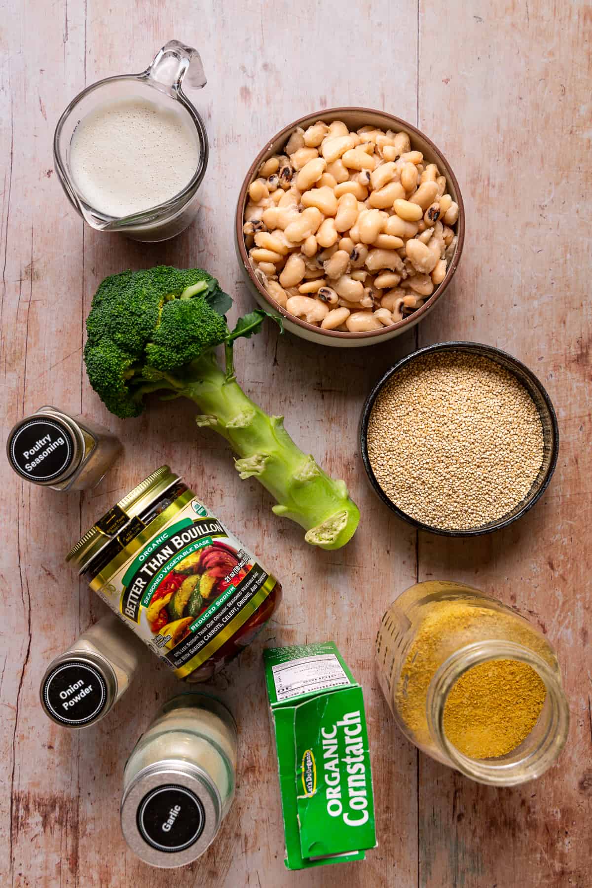 The 10 ingredients required to make easy vegan broccoli quinoa casserole with white beans.