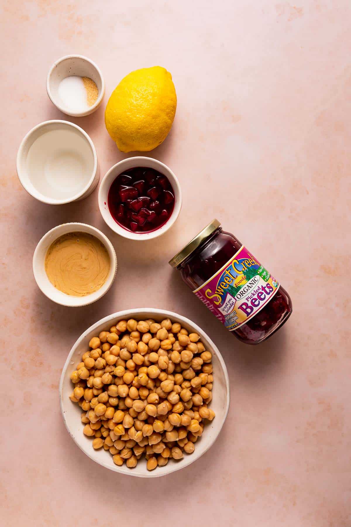 A few simple ingredients for making quick beet hummus.