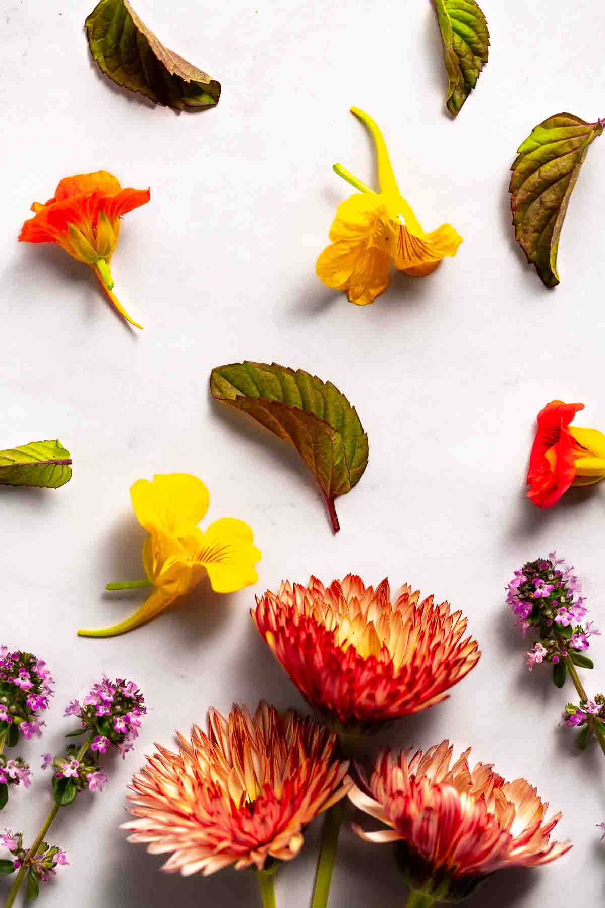 Edible flowers and herbs on a white surface.
