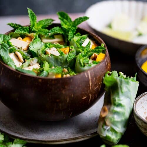 Vegan mango summer rolls in a coconut bowl with one leaning on the outside.