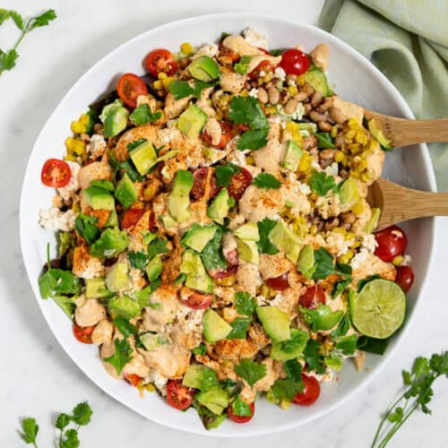A closeup view of a large salad bowl filled with vegan street corn salad.